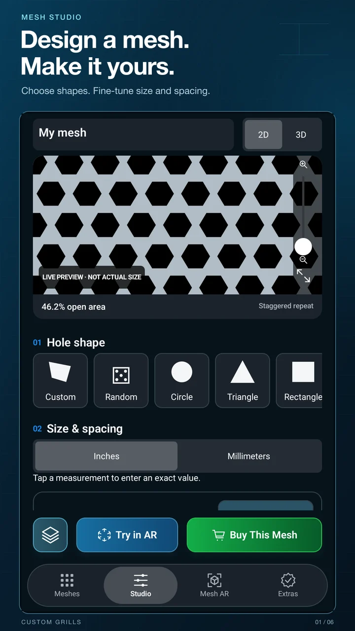 Mesh Studio in the Android app: live hexagon pattern, shape choices, and editing controls.