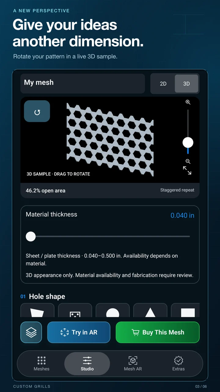 The Android app’s 3D preview shows a mesh sample rotated in space.