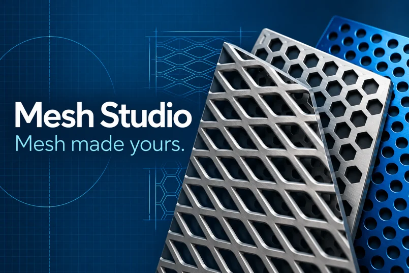 Mesh Studio — Mesh made yours. Illustrative metallic mesh artwork on a blueprint background.
